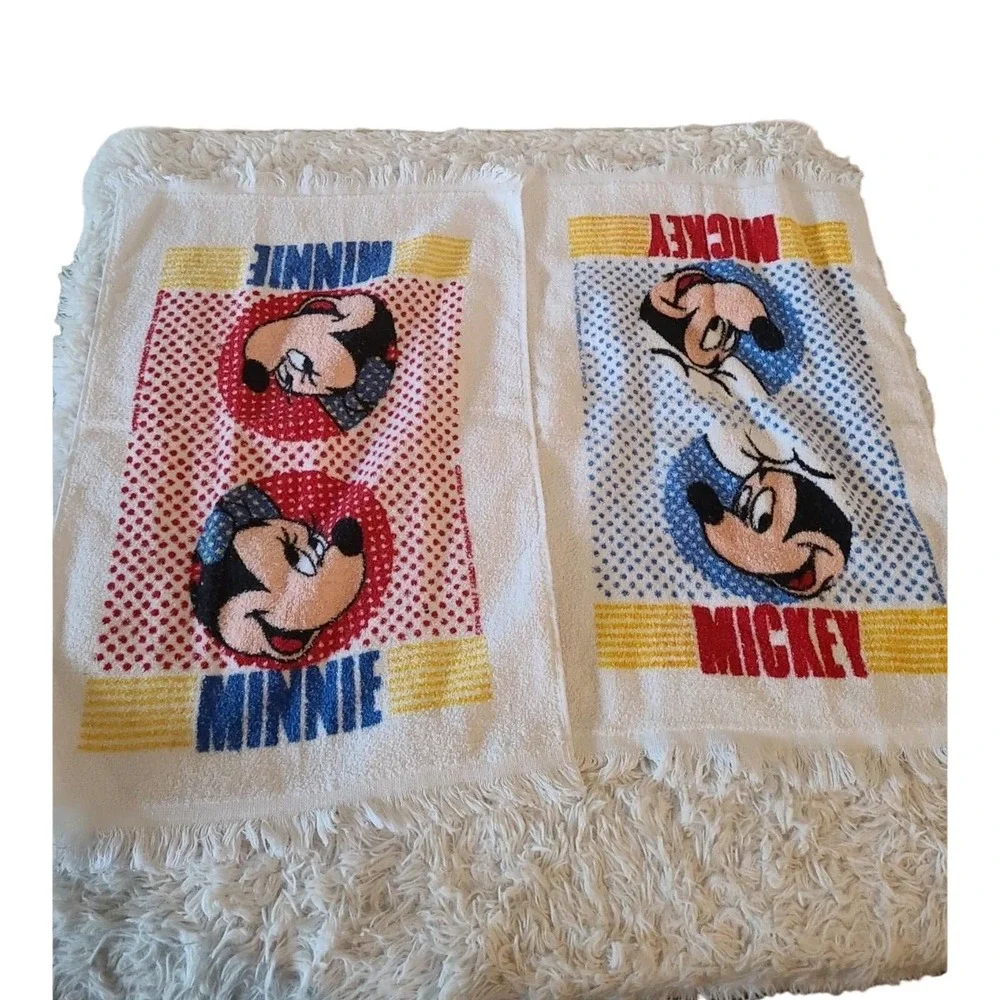 Set of 2 Vintage Cannon Mickey Mouse & Minnie Mouse 100% Cotton Fringe Towels‎